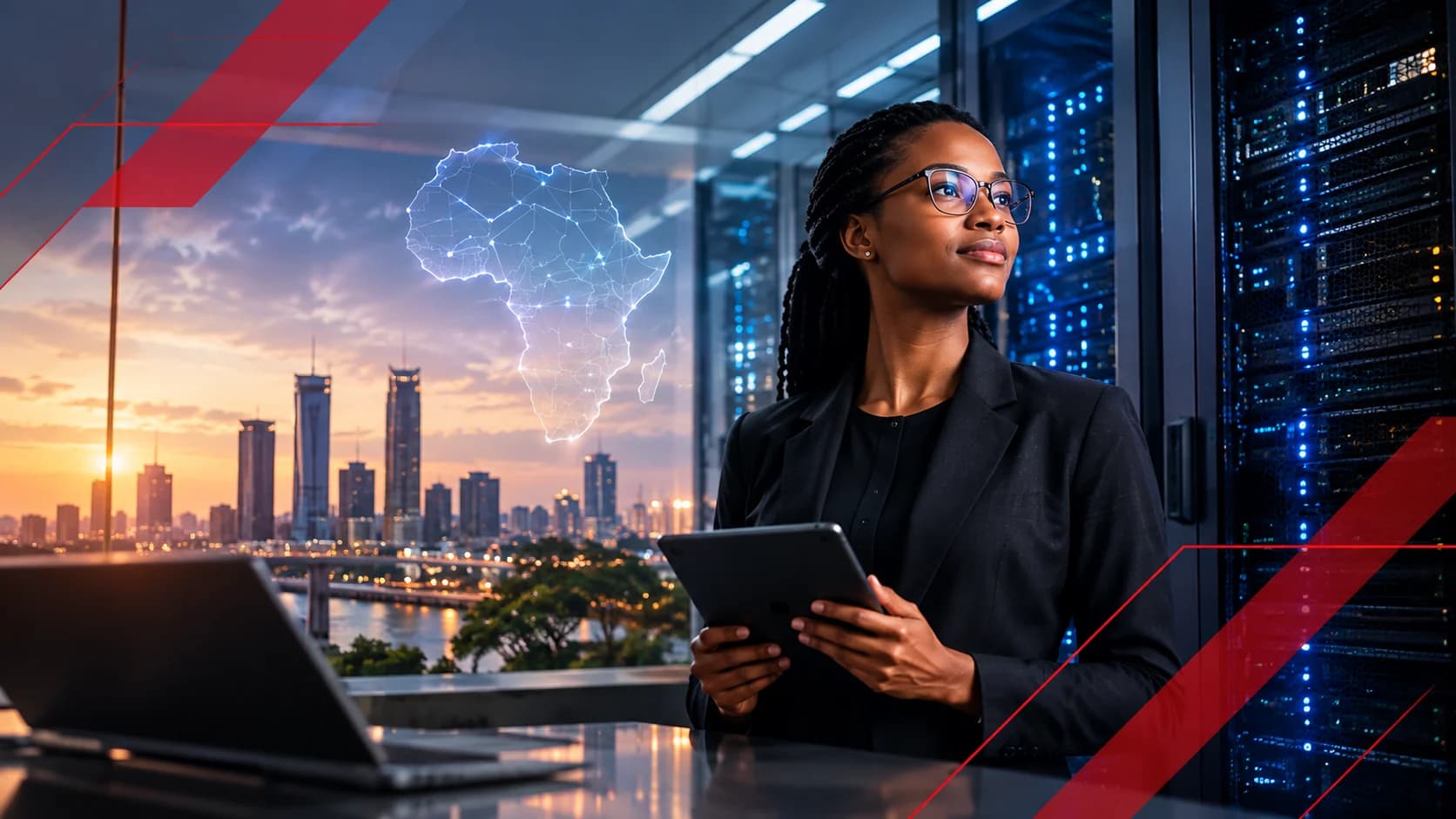 A technology professional holding a tablet in a data centre overlooking a city skyline at dusk