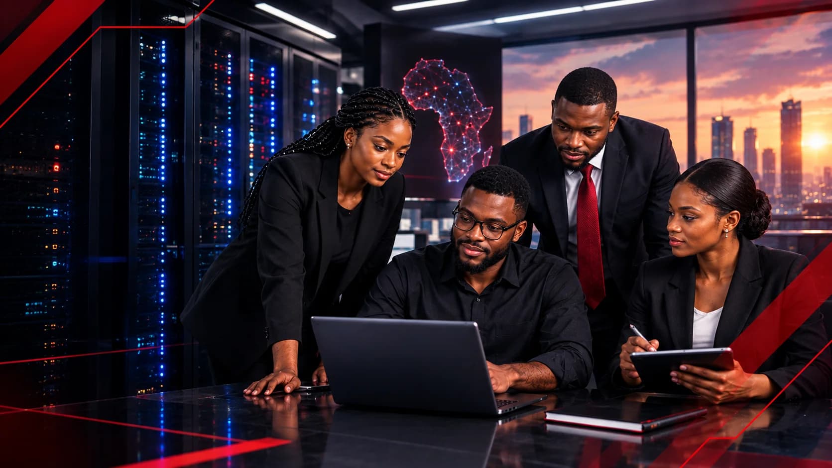 Four colleagues reviewing work on a laptop together in a data centre office